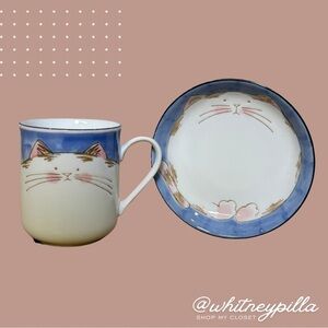 Vintage Japanese Kafuh Blue Smiling Happy Fat Cat Porcelain Mug & Plate set